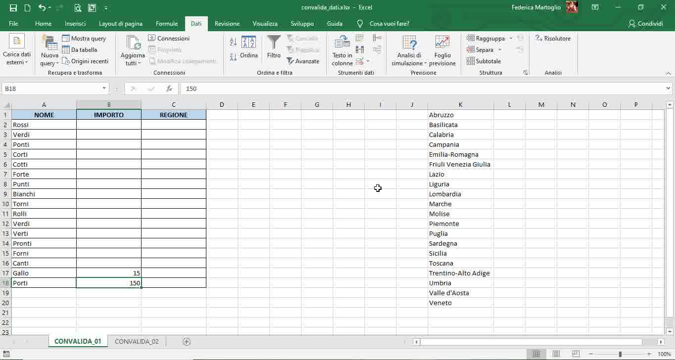 Corso Excel convalida dati